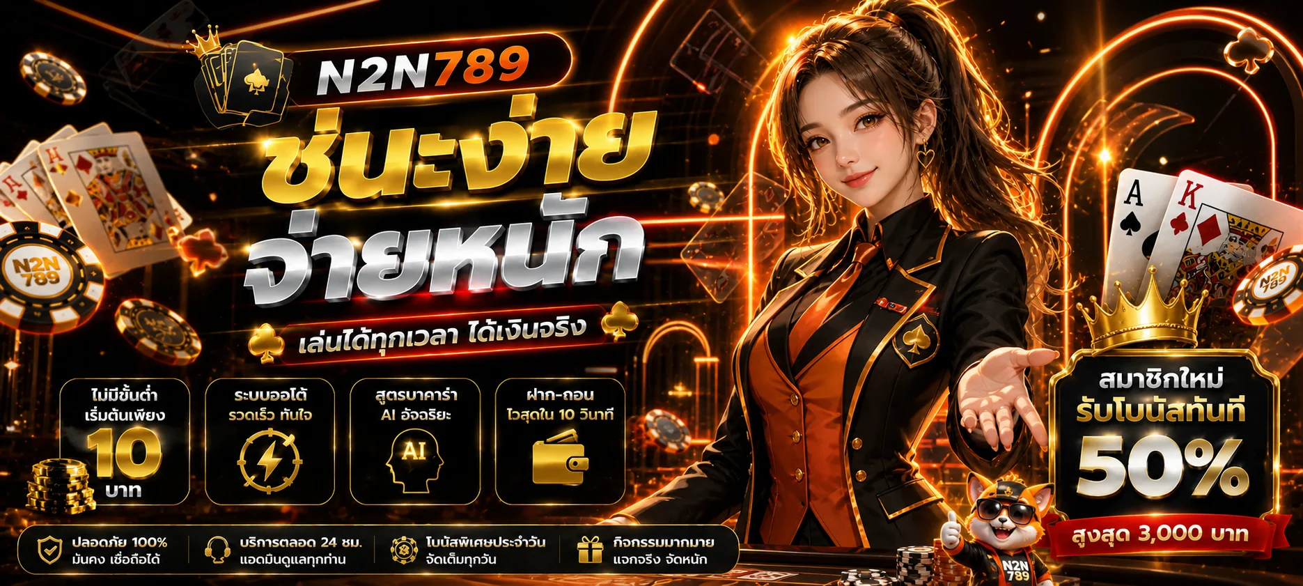 ภาพแนะนำบาคาร่า N2N789 กับดีลเลอร์แฟนตาซีและโต๊ะเกมโทนส้ม